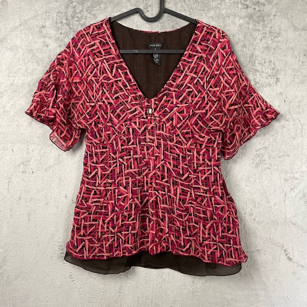 100% Silk Geometric Blouse Size 4 V Neck Flutter Sleeve Y2K Boho Pink Brown